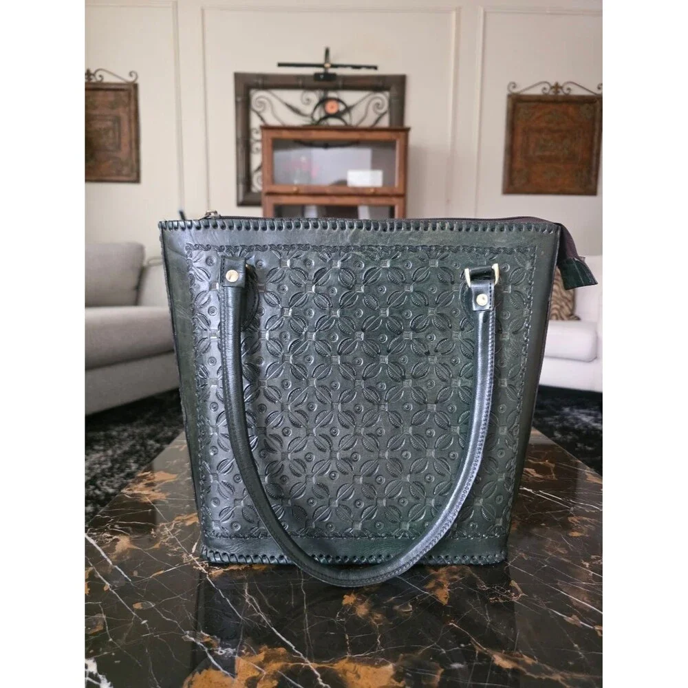 Vtg Green Hand Tooled Whipstitch Trim Tote Shoulder Bag Structured 12x14x4